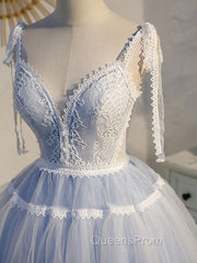 A Line V Neck Lace Blue Short Evening Prom Dress, Blue Puffy Homecoming Dress