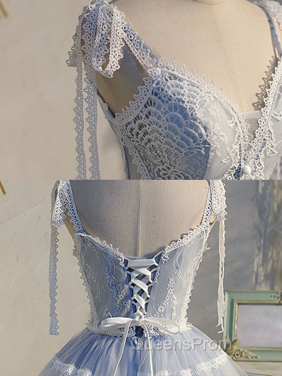 A Line V Neck Lace Blue Short Evening Prom Dress, Blue Puffy Homecoming Dress