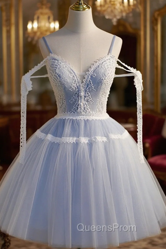 A Line V Neck Lace Blue Short Evening Prom Dress, Blue Puffy Homecoming Dress Main image