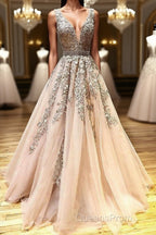 A Line V Neck Lace Champagne Tulle Long Evening Prom Dress, V Neck Lace Champagne Formal Dress, Champagne Lace Evening Dress