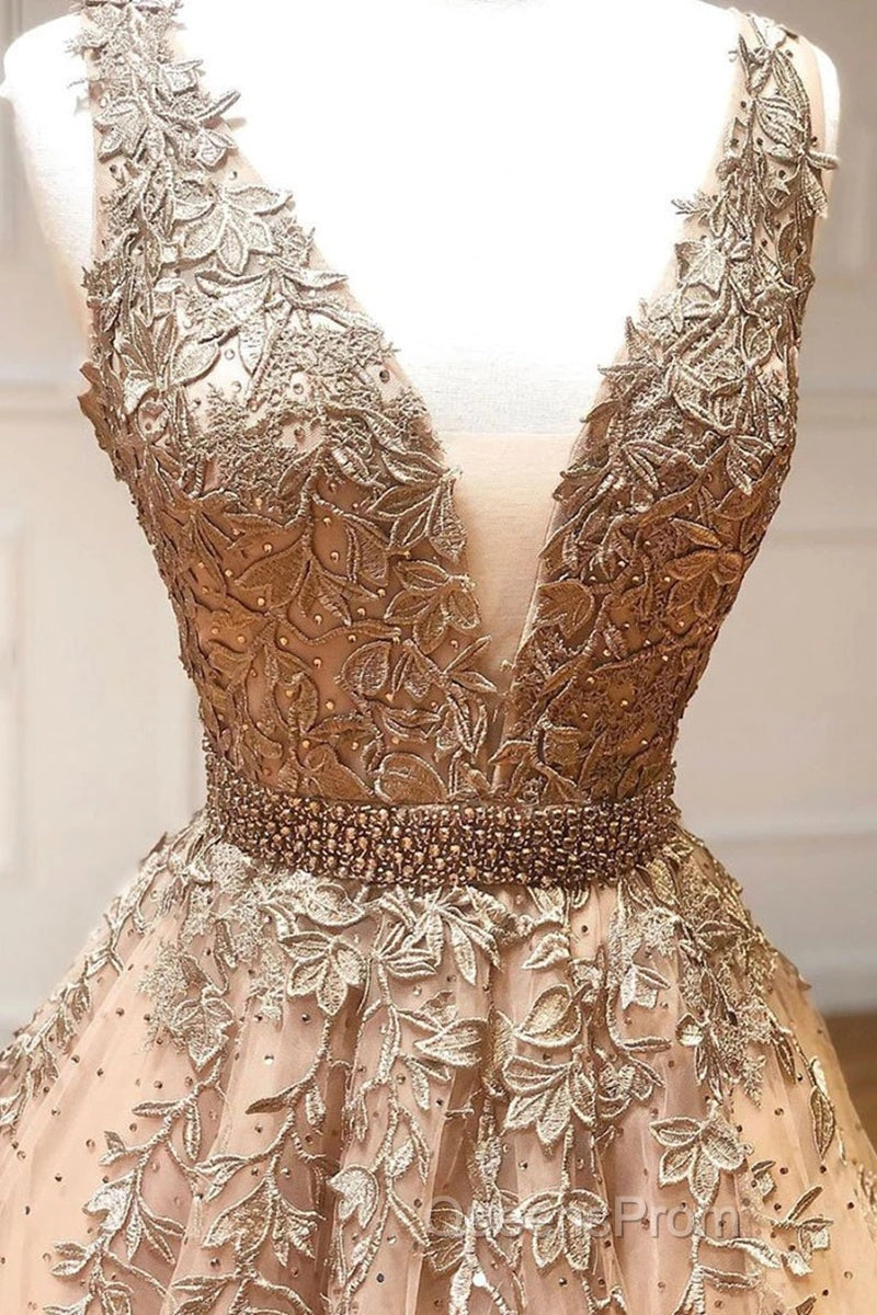 A Line V Neck Lace Champagne Tulle Long Evening Prom Dress, V Neck Lace Champagne Formal Dress, Champagne Lace Evening Dress
