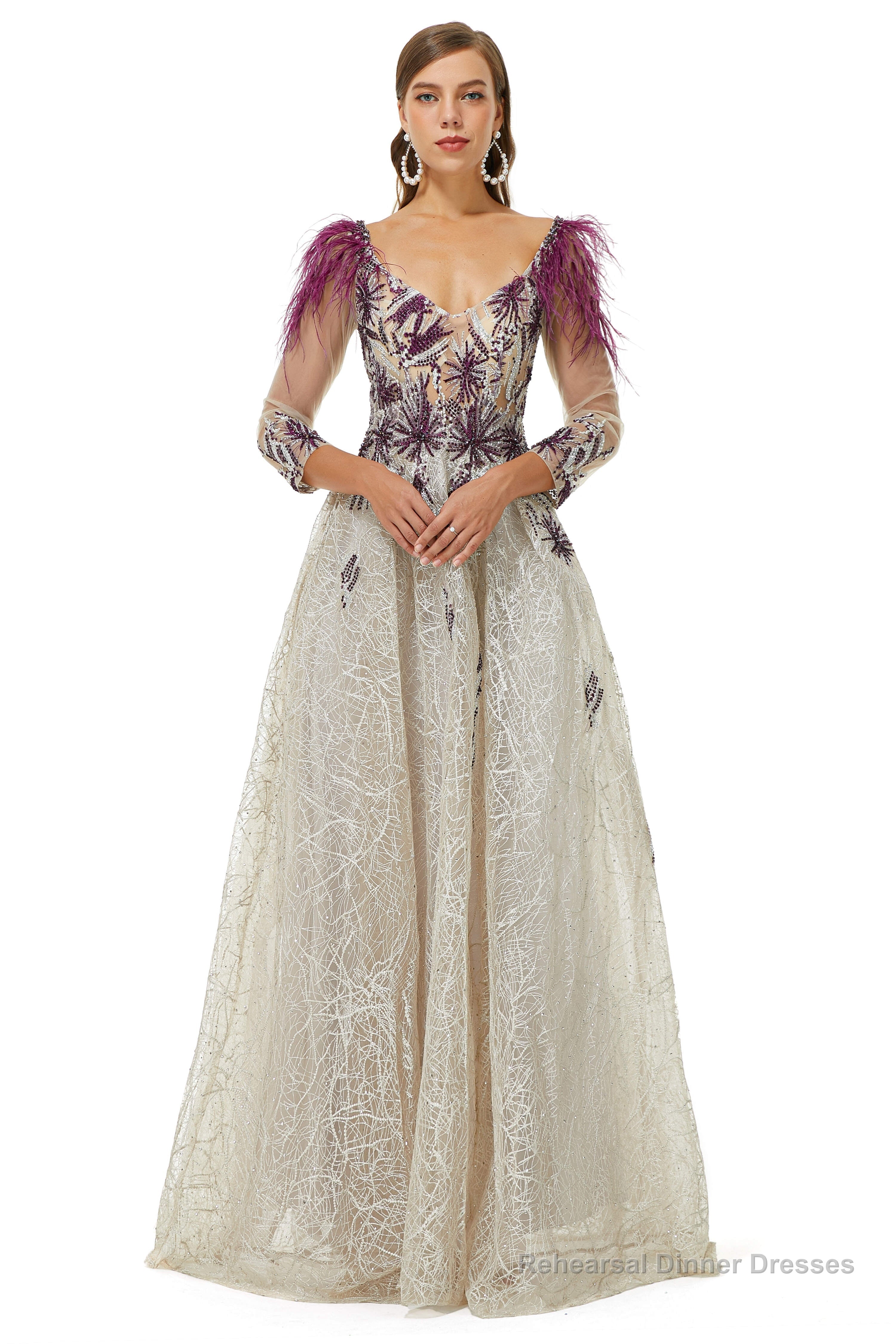 A-Line V-Neck Lace Floor-Length Long Sleeve Open Back Beading Prom Dresses Main image