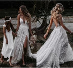 A-Line V Neck Lace Classy Prom Dress With Split