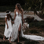 A-Line V Neck Lace Classy Prom Dress With Split