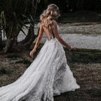 A-Line V Neck Lace Classy Prom Dress With Split