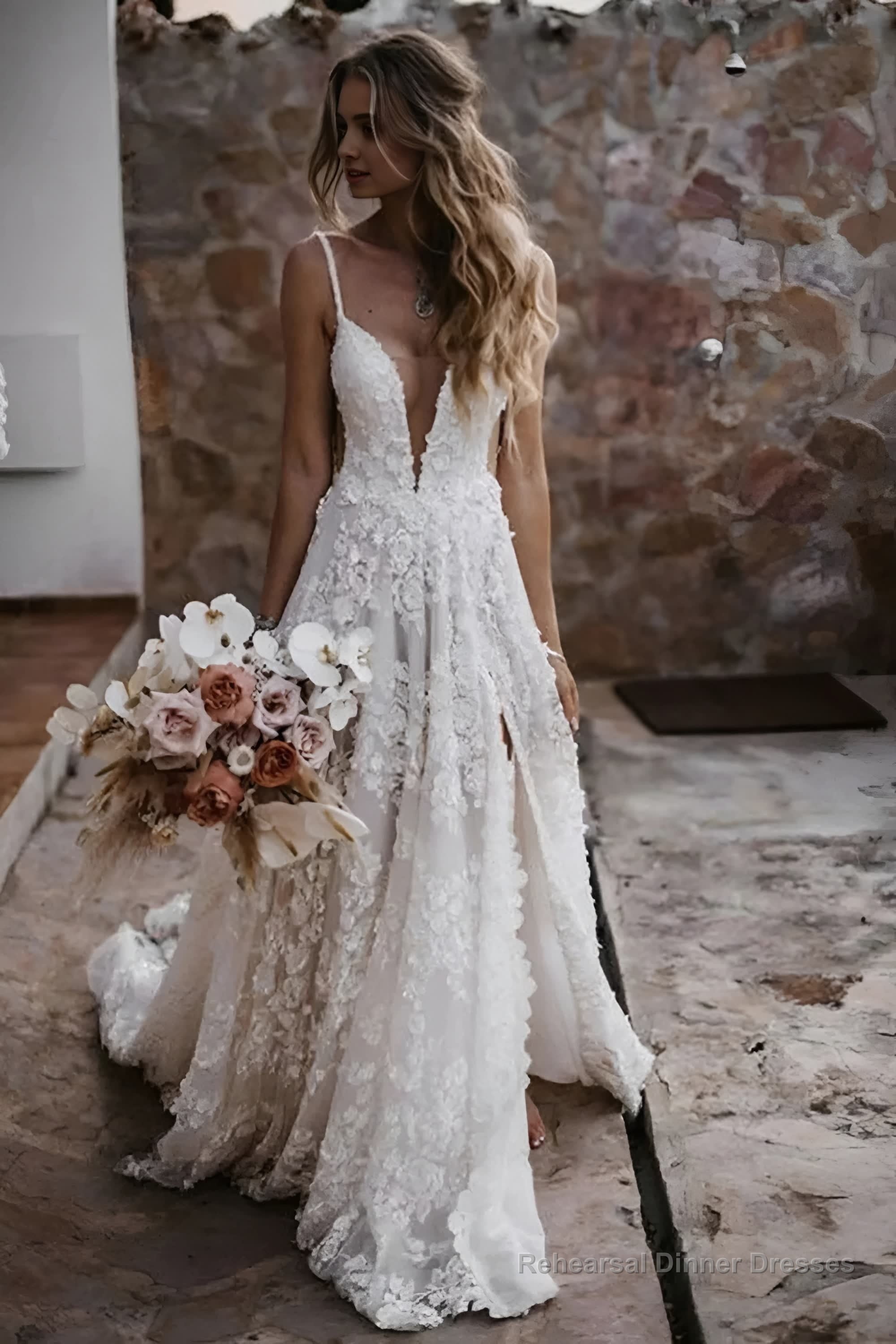 A-line V Neck Lace Prom Dress With Split Wedding Dress Secondary image