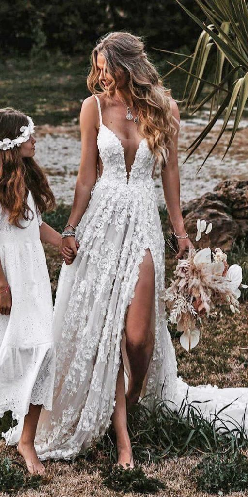 A-Line V Neck Lace Classy Prom Dress With Split Main image