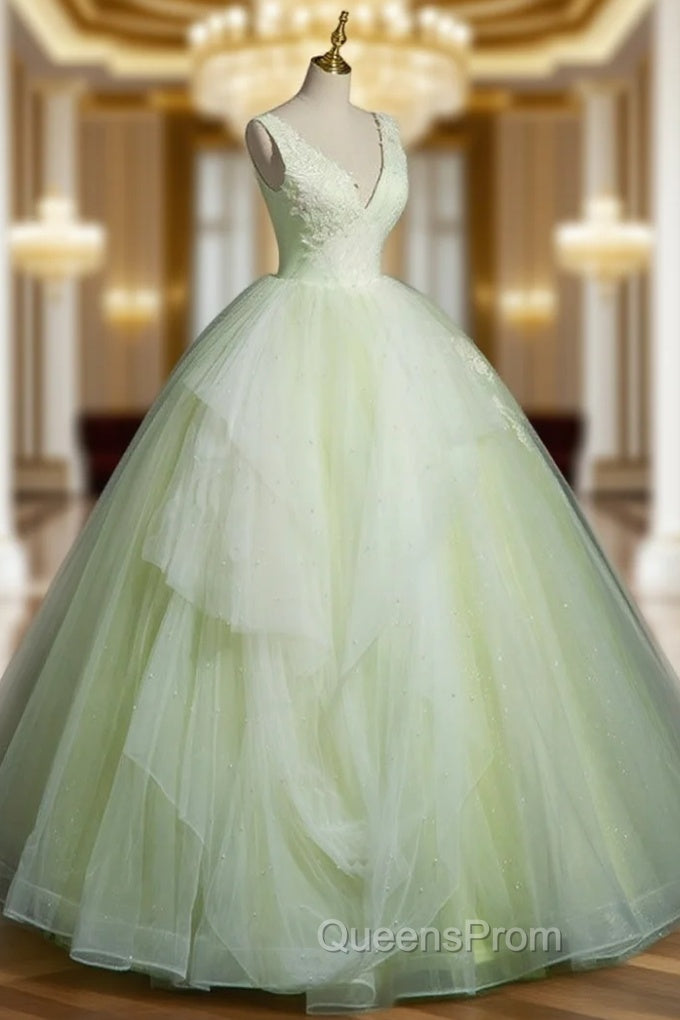 A-Line V Neck Lace Tulle Green Long Evening Prom Dress, Green Sweet 16 Dress