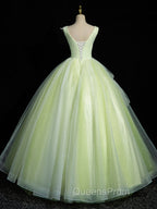 A-Line V Neck Lace Tulle Green Long Evening Prom Dress, Green Sweet 16 Dress