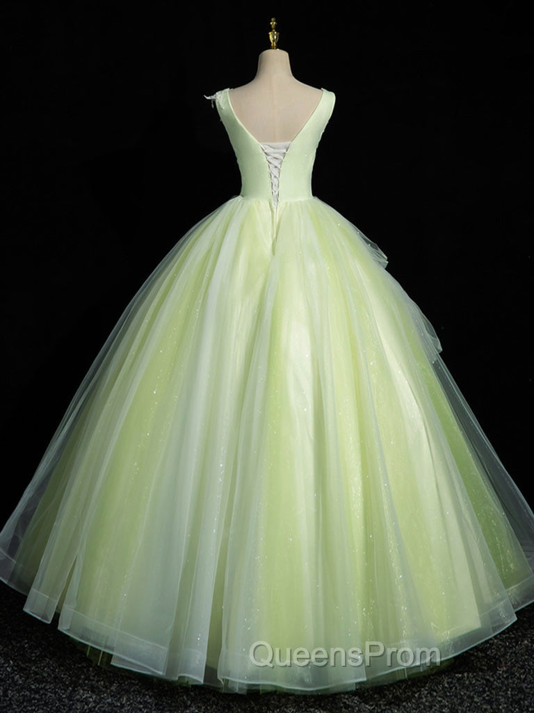 A-Line V Neck Lace Tulle Green Long Evening Prom Dress, Green Sweet 16 Dress