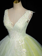 A-Line V Neck Lace Tulle Green Long Evening Prom Dress, Green Sweet 16 Dress