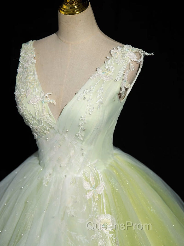 A-Line V Neck Lace Tulle Green Long Evening Prom Dress, Green Sweet 16 Dress
