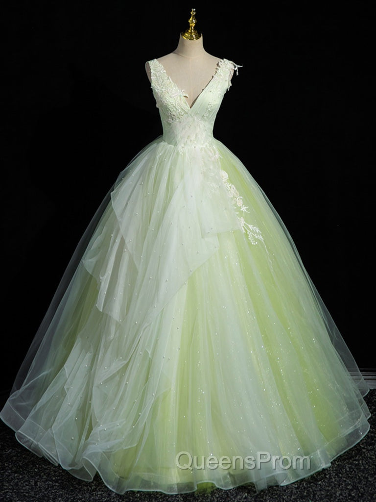 A-Line V Neck Lace Tulle Green Long Evening Prom Dress, Green Sweet 16 Dress Secondary image