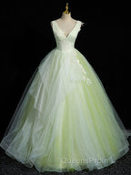 A-Line V Neck Lace Tulle Green Long Evening Prom Dress, Green Sweet 16 Dress