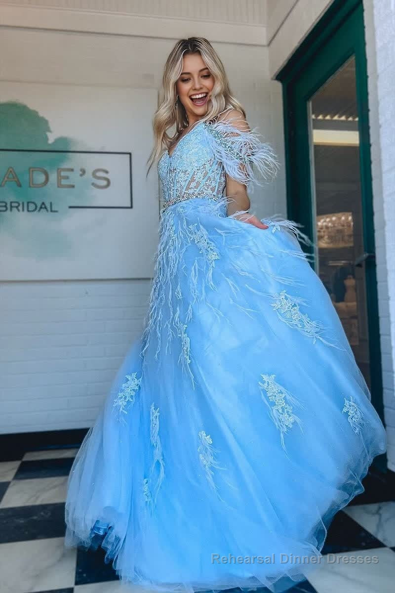A line V Neck Lace Tulle Prom Dress with Beading and Feather Main image