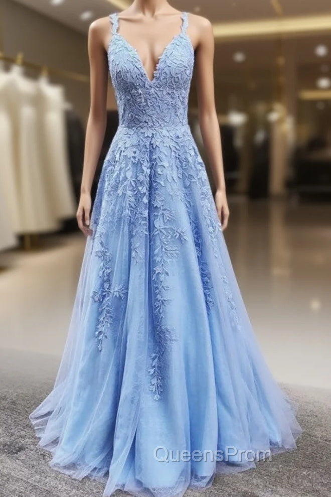 A Line V Neck Light Blue Lace Evening Prom Dress, V Neck Light Blue Lace Evening Dress Main image