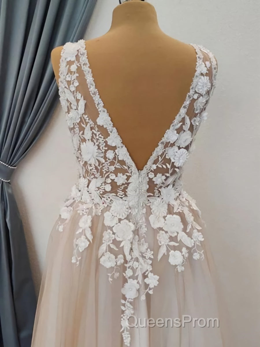 A Line V Neck Long Champagne Lace Wedding Dress, Champagne Lace Long Formal Evening Prom Dress Secondary image