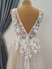 A Line V Neck Long Champagne Lace Wedding Dress, Champagne Lace Long Formal Evening Prom Dress