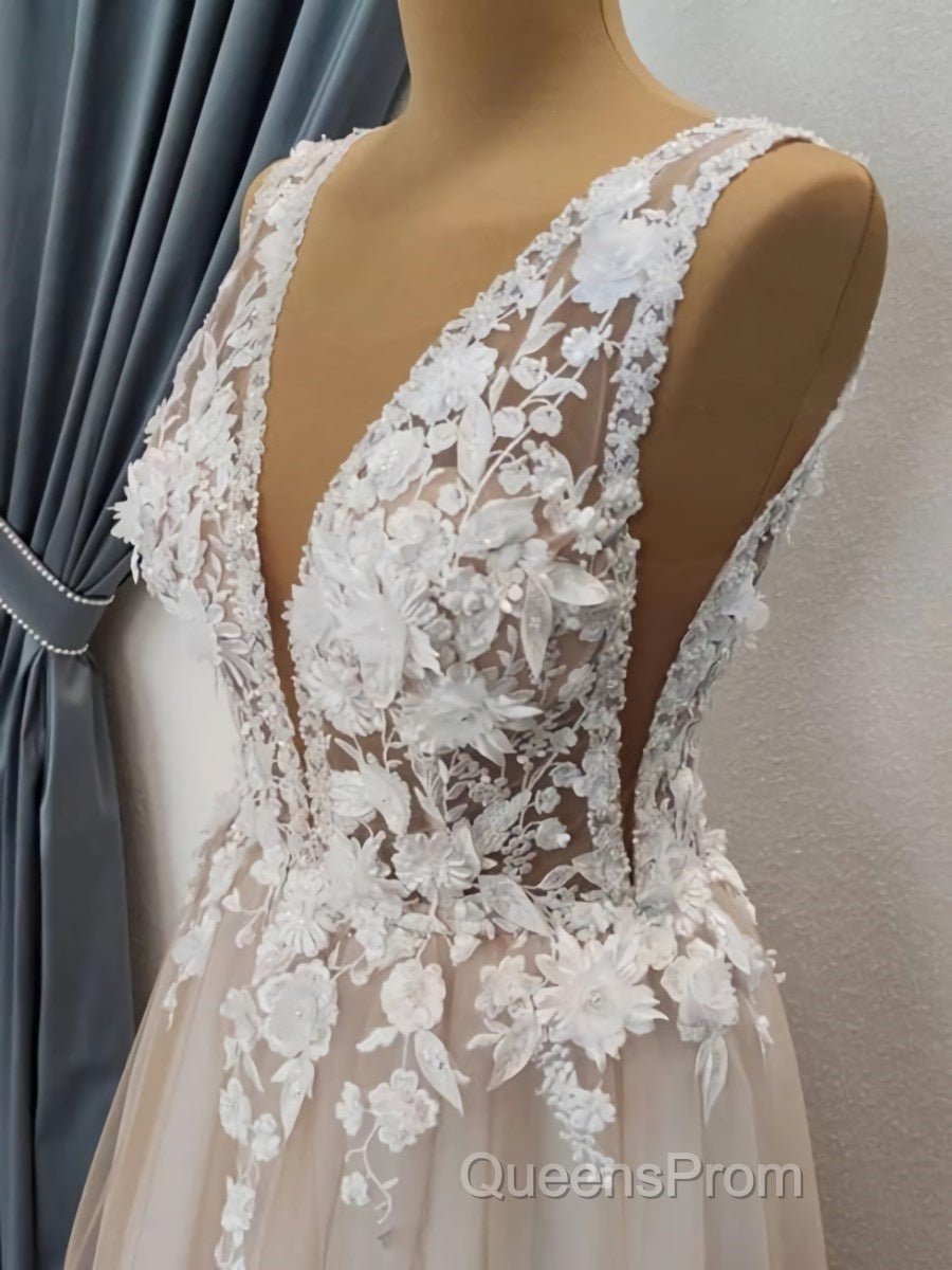 A Line V Neck Long Champagne Lace Wedding Dress, Champagne Lace Long Formal Evening Prom Dress