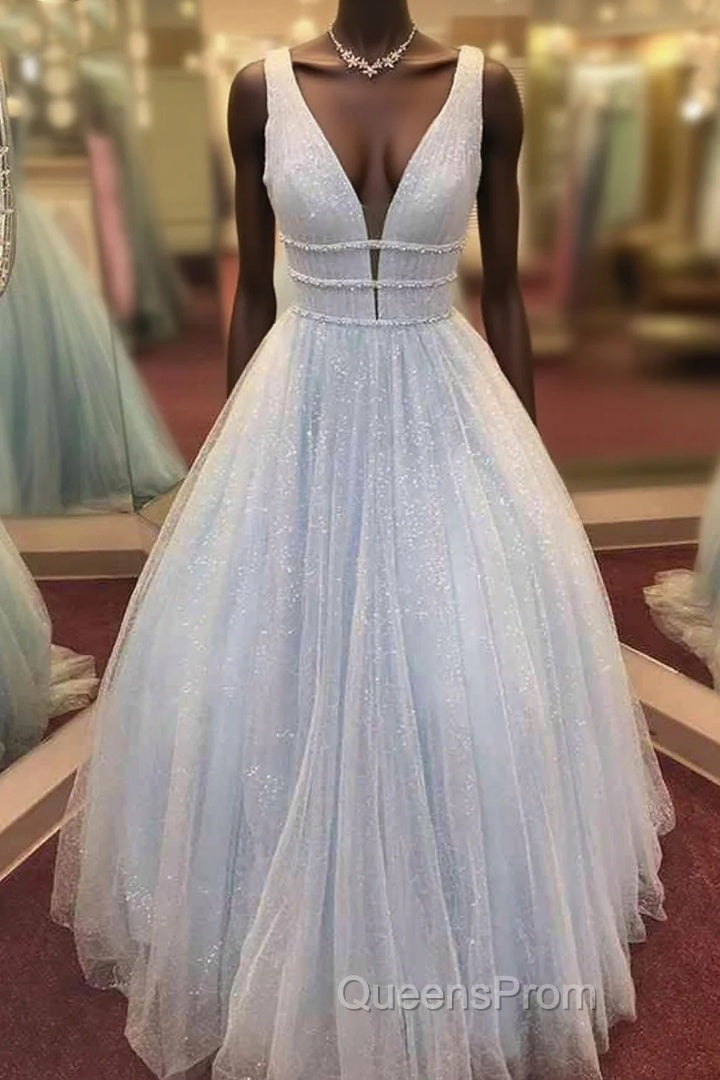 A-line V Neck Long/Floor-Length Tulle GlitterEvening Prom Dress With Beading
