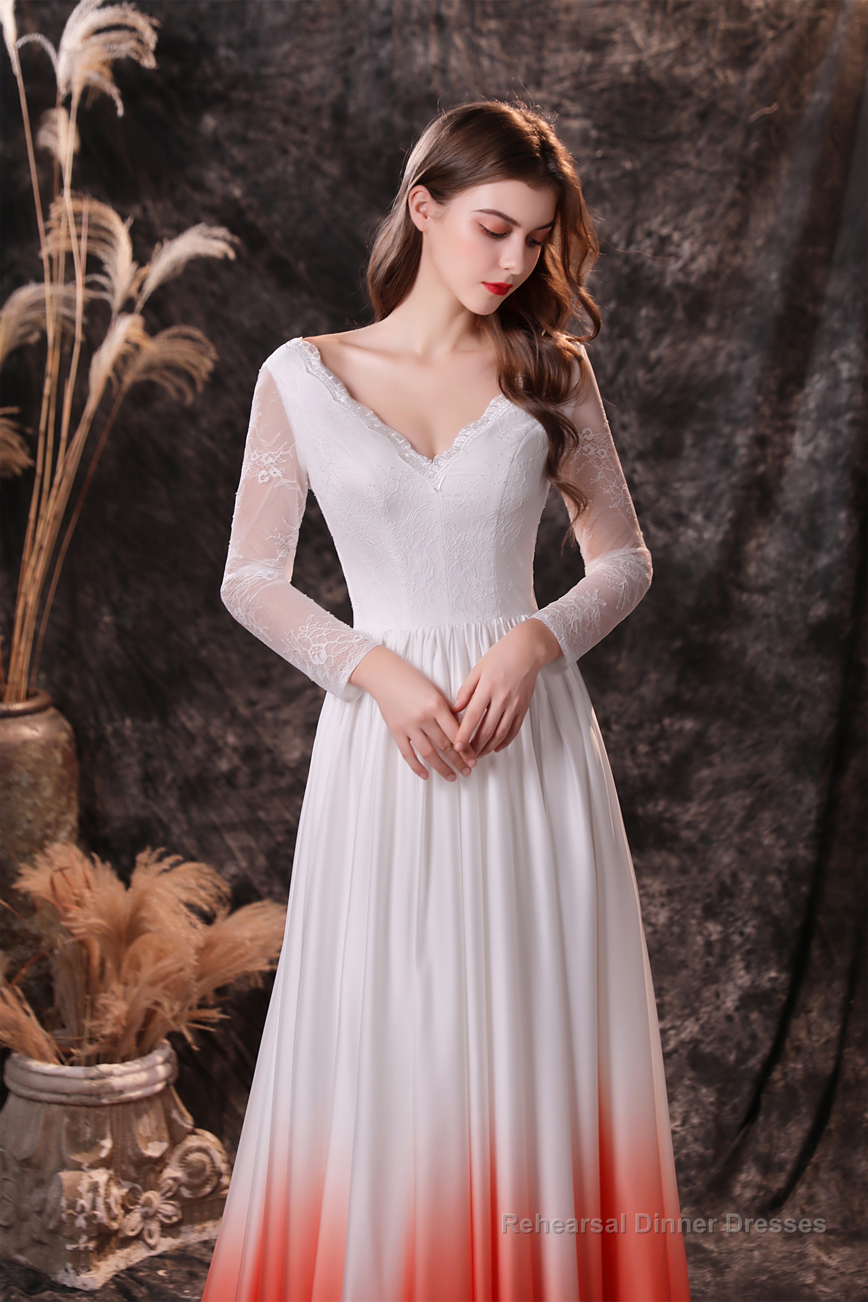 A Line V-Neck Long Sleeve Ombre Silk Like Satin Sweep Train Prom Dresses Secondary image