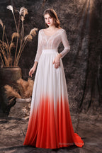 A Line V-Neck Long Sleeve Ombre Silk Like Satin Sweep Train Prom Dresses