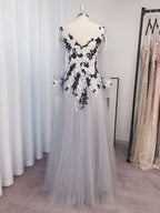 A-line V-neck Long Sleeves Appliques Lace Floor-Length Tulle Dress