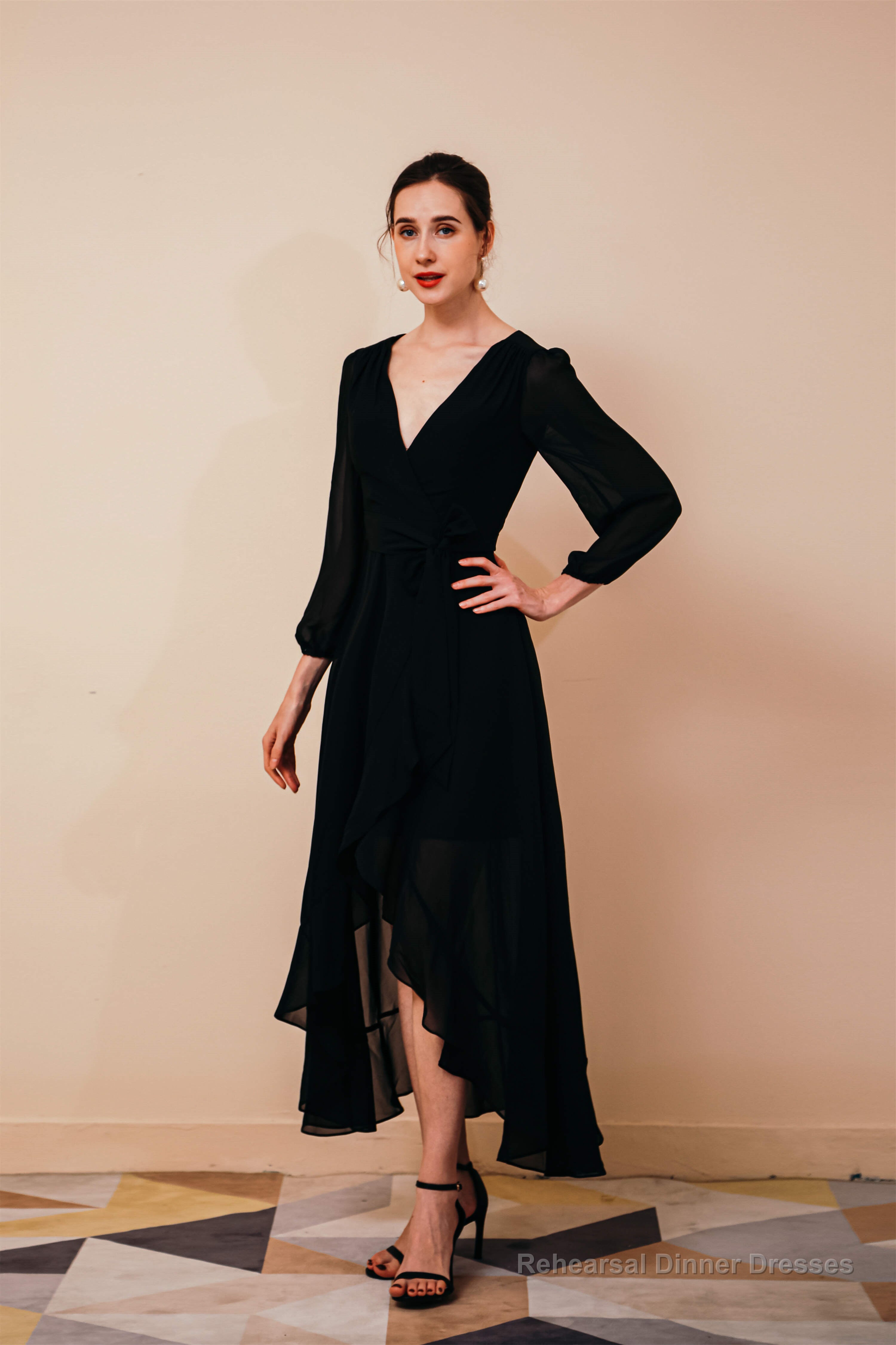 A-Line V-Neck Long Sleeves Chiffon High Low Sash Prom Dresses Main image