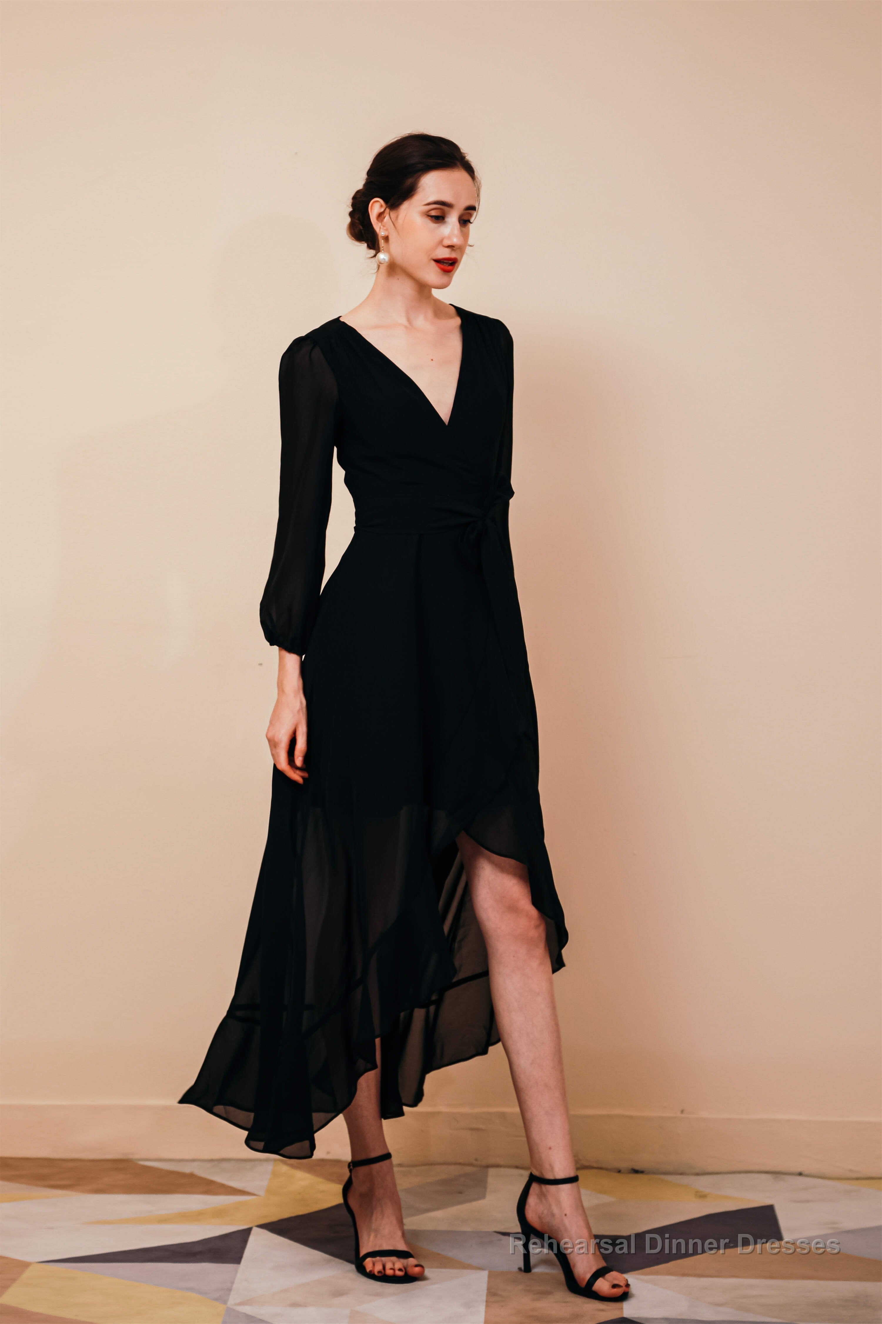 A-Line V-Neck Long Sleeves Chiffon High Low Sash Prom Dresses Secondary image