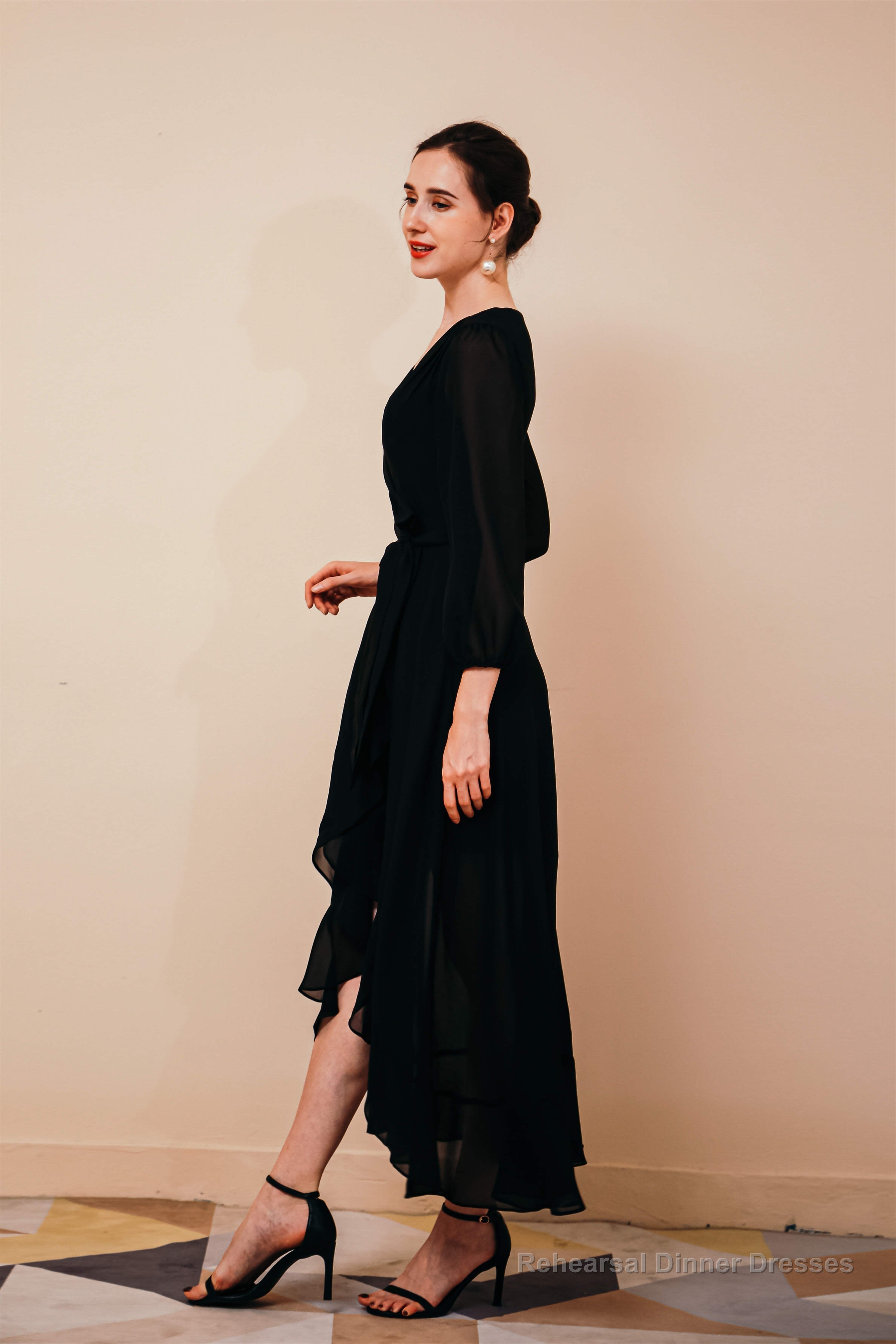 A-Line V-Neck Long Sleeves Chiffon High Low Sash Prom Dresses