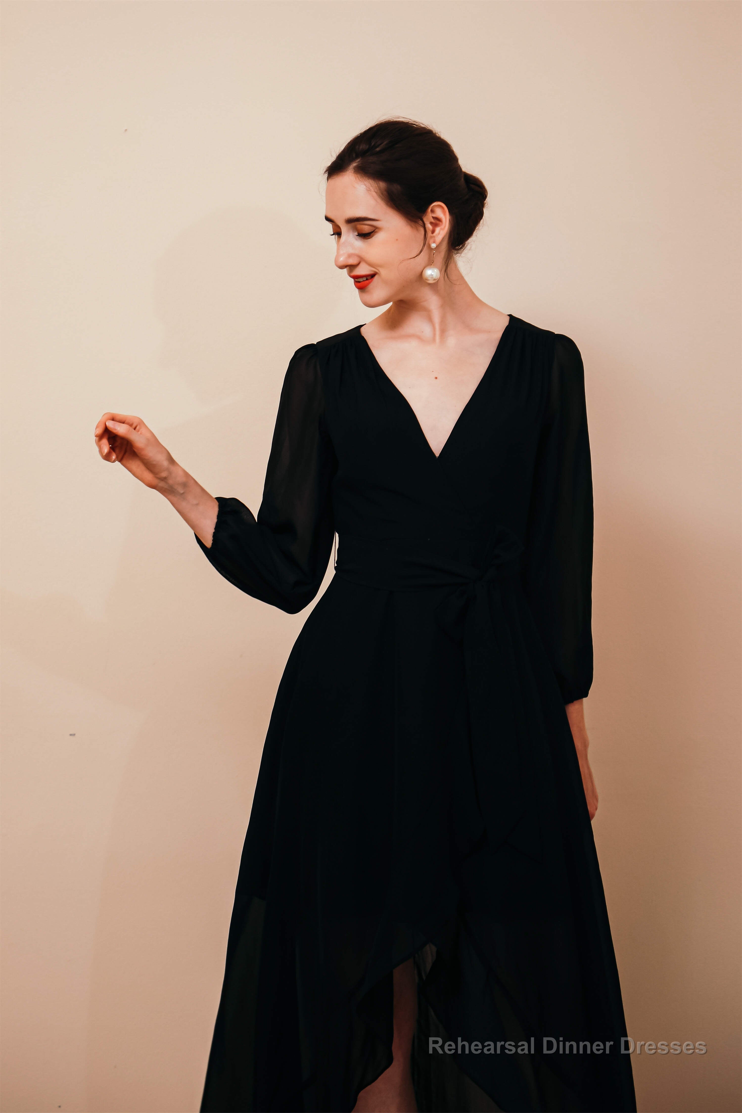 A-Line V-Neck Long Sleeves Chiffon High Low Sash Prom Dresses
