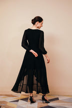 A-Line V-Neck Long Sleeves Chiffon High Low Sash Prom Dresses