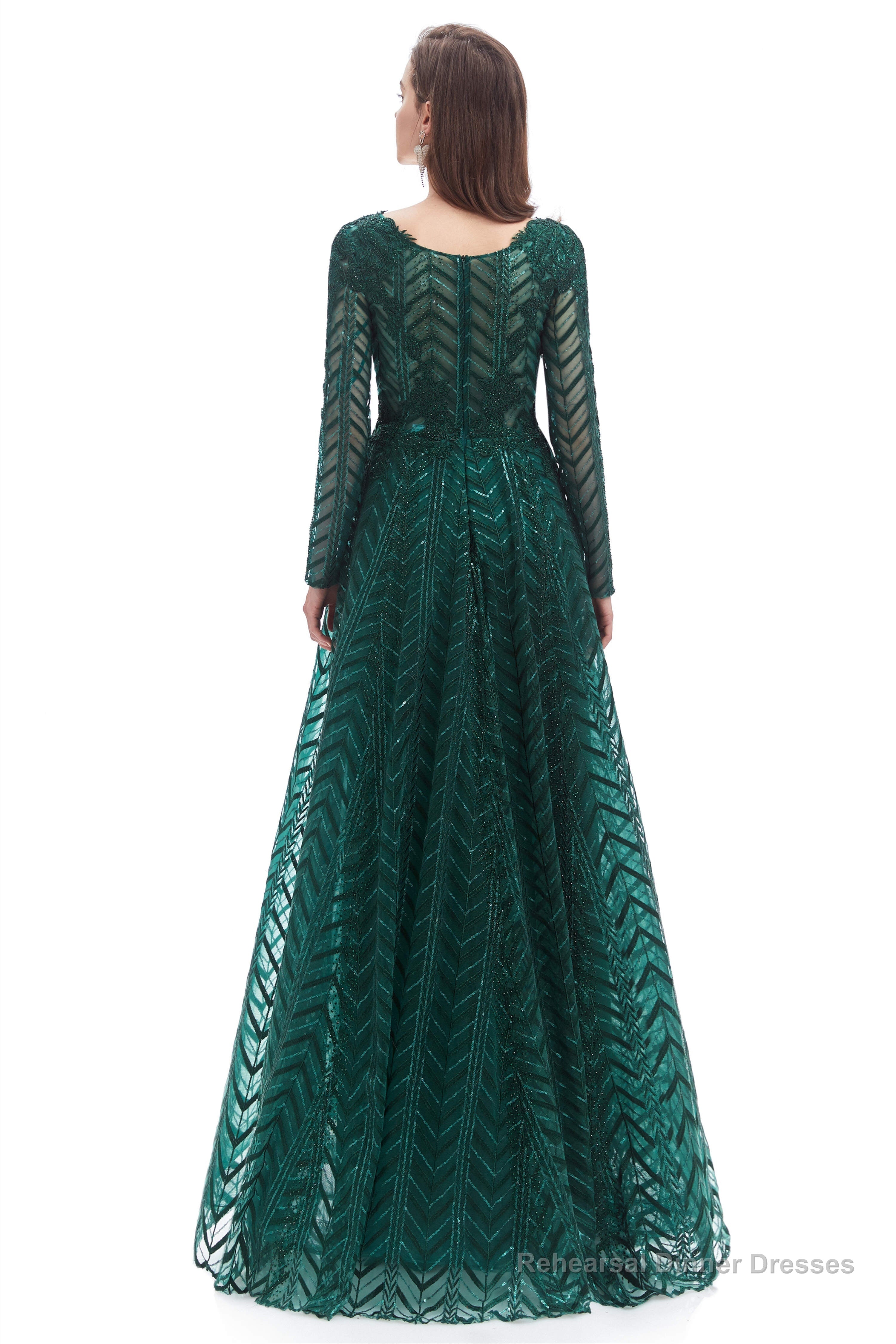 A-Line V Neck Long Sleeves Lace Long Prom Dresses Secondary image
