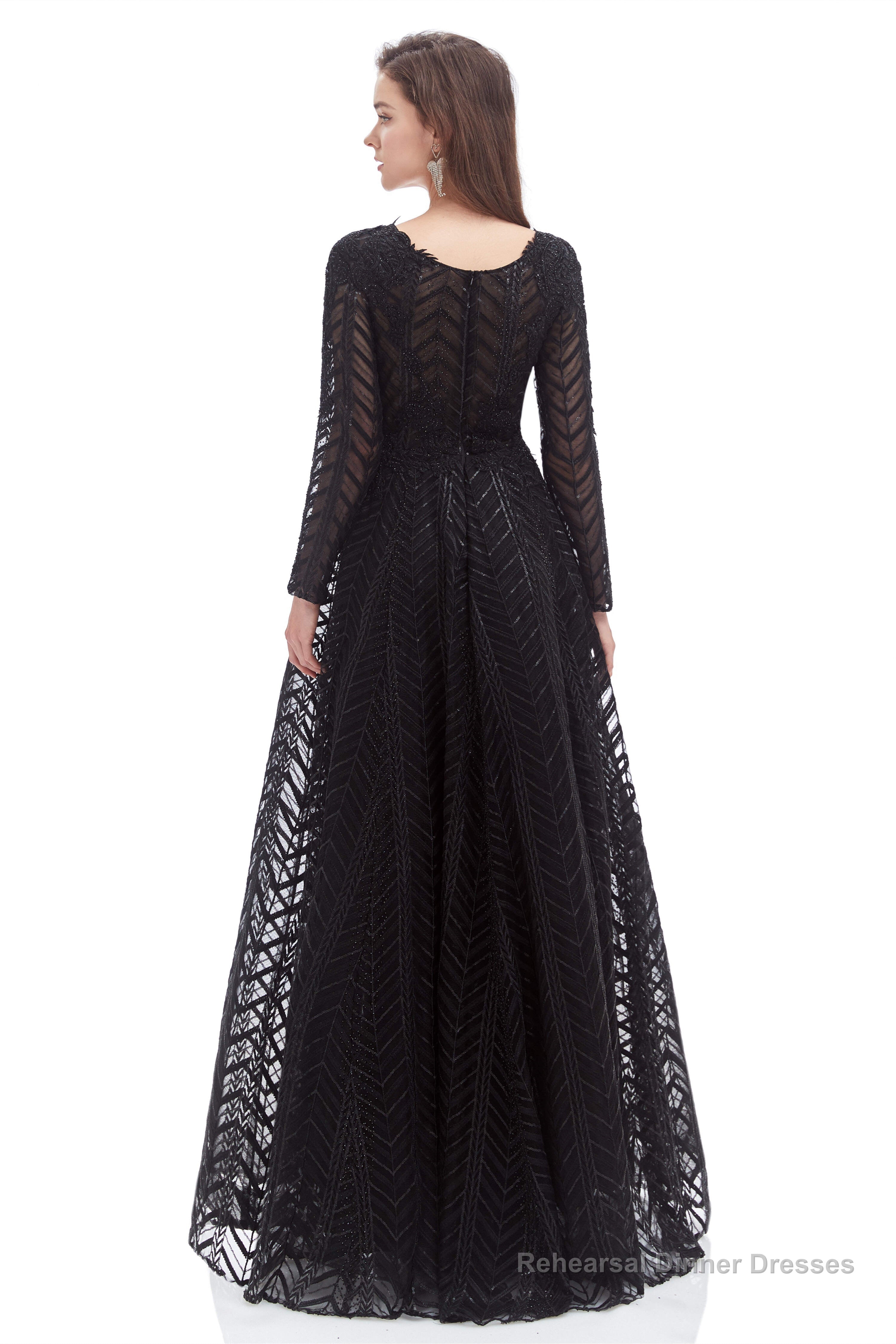 A-Line V Neck Long Sleeves Lace Long Prom Dresses