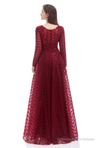A-Line V Neck Long Sleeves Lace Long Prom Dresses