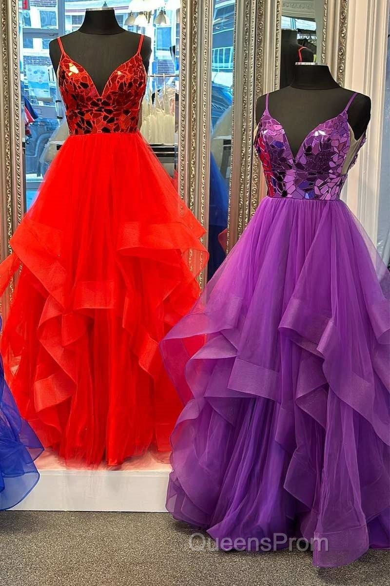 A-line V-Neck Mirror-Cut Sequins Ruffle Layers Long Evening Prom Dress Secondary image