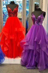 A-line V-Neck Mirror-Cut Sequins Ruffle Layers Long Evening Prom Dress