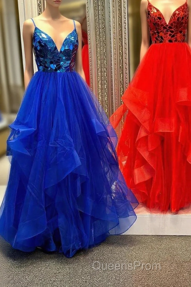 A-line V-Neck Mirror-Cut Sequins Ruffle Layers Long Evening Prom Dress Main image