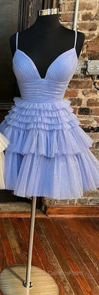A-Line V-Neck Multi-Tiered Short Party Dress,Light Pink Cocktail Dress Short