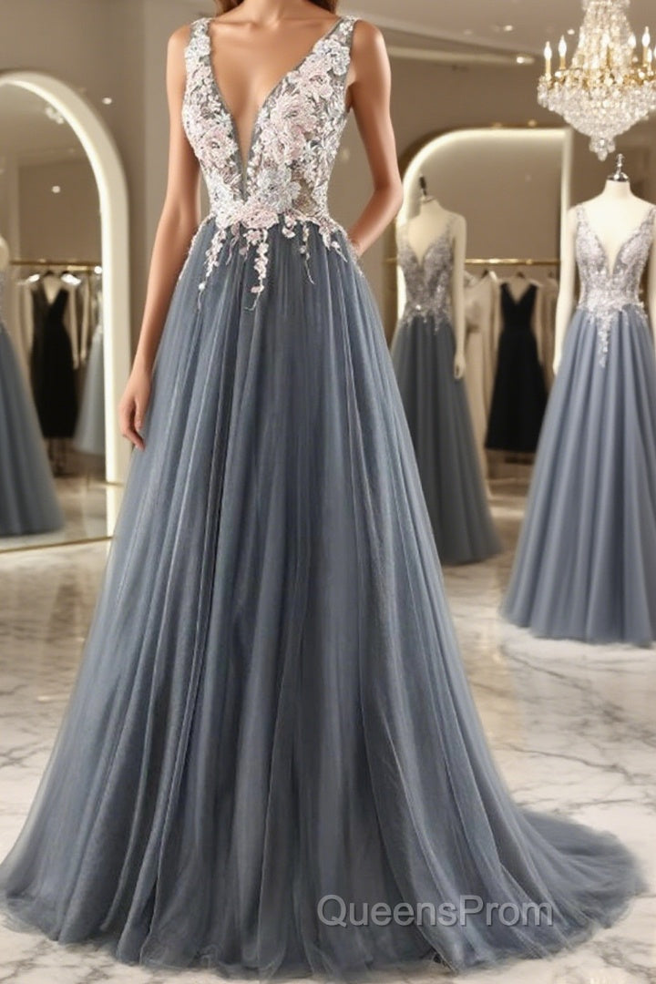 A Line V Neck Open Back Appliques Gray Long Evening Prom Dress, V Neck Grey Formal Dress, Gray Evening Dress Main image