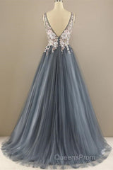 A Line V Neck Open Back Appliques Gray Long Evening Prom Dress, V Neck Grey Formal Dress, Gray Evening Dress