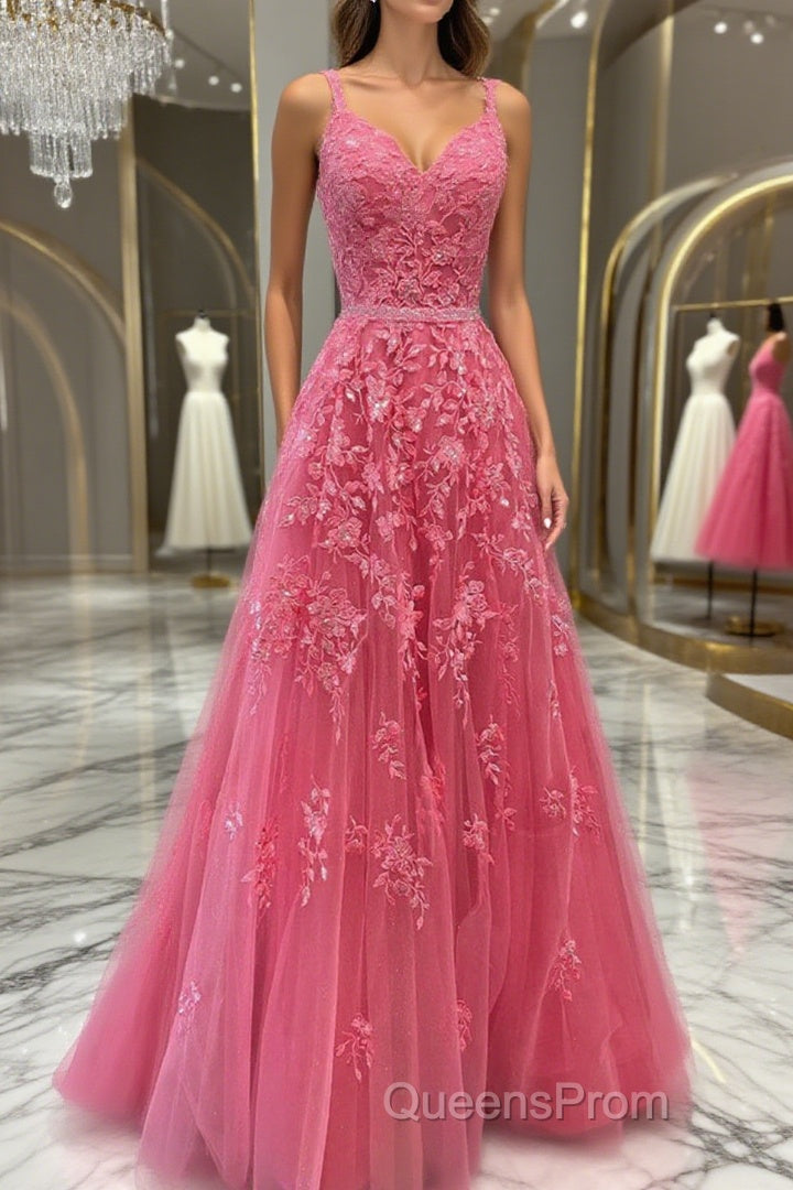A Line V Neck Open Back Beaded Hot Pink Lace Long Evening Prom Dress, Hot Pink Lace Formal Graduation Evening Dress Main image