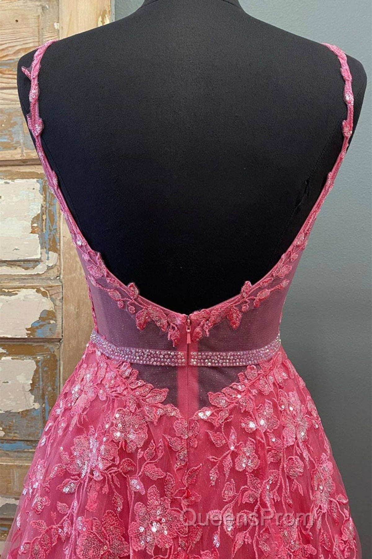 A Line V Neck Open Back Beaded Hot Pink Lace Long Evening Prom Dress, Hot Pink Lace Formal Graduation Evening Dress