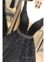 A-Line V-Neck Open Back Black Lace Long Evening Prom Dress Evening Dress With Beading,