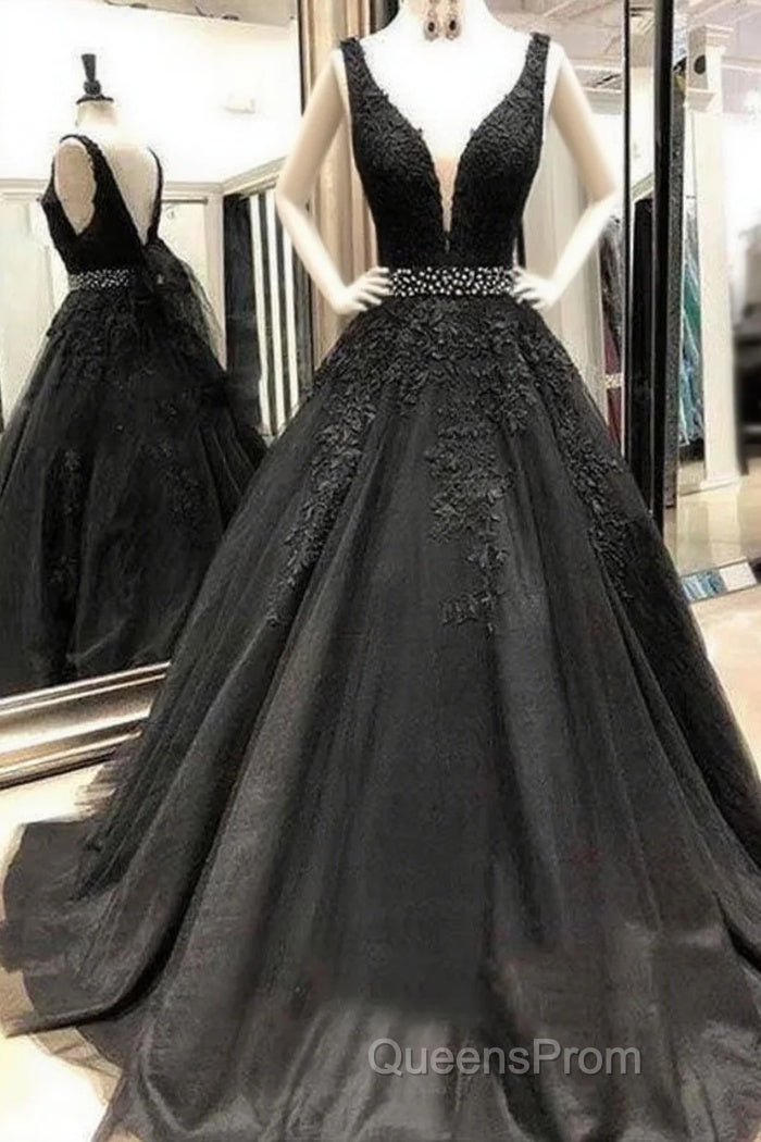 A-Line V-Neck Open Back Black Lace Long Evening Prom Dress Evening Dress With Beading, Main image