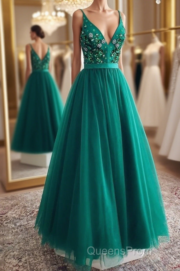 A Line V Neck Open Back Green Floral Long Evening Prom Dress, Open Back Green Formal Evening Dress Main image