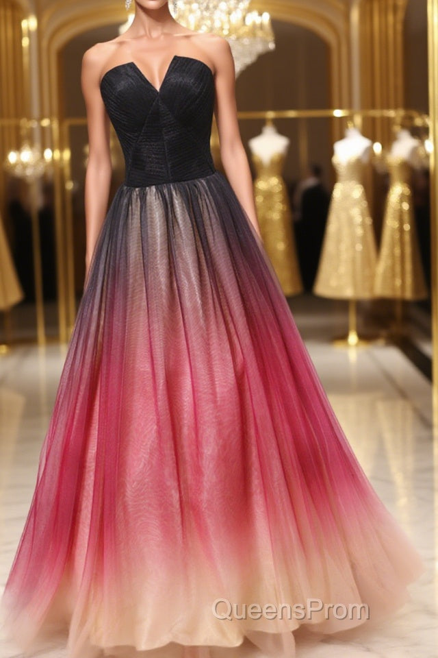 A Line V Neck Open Back Ombre Long Evening Prom Dress, Backless Ombre Formal Graduation Evening Dress Main image