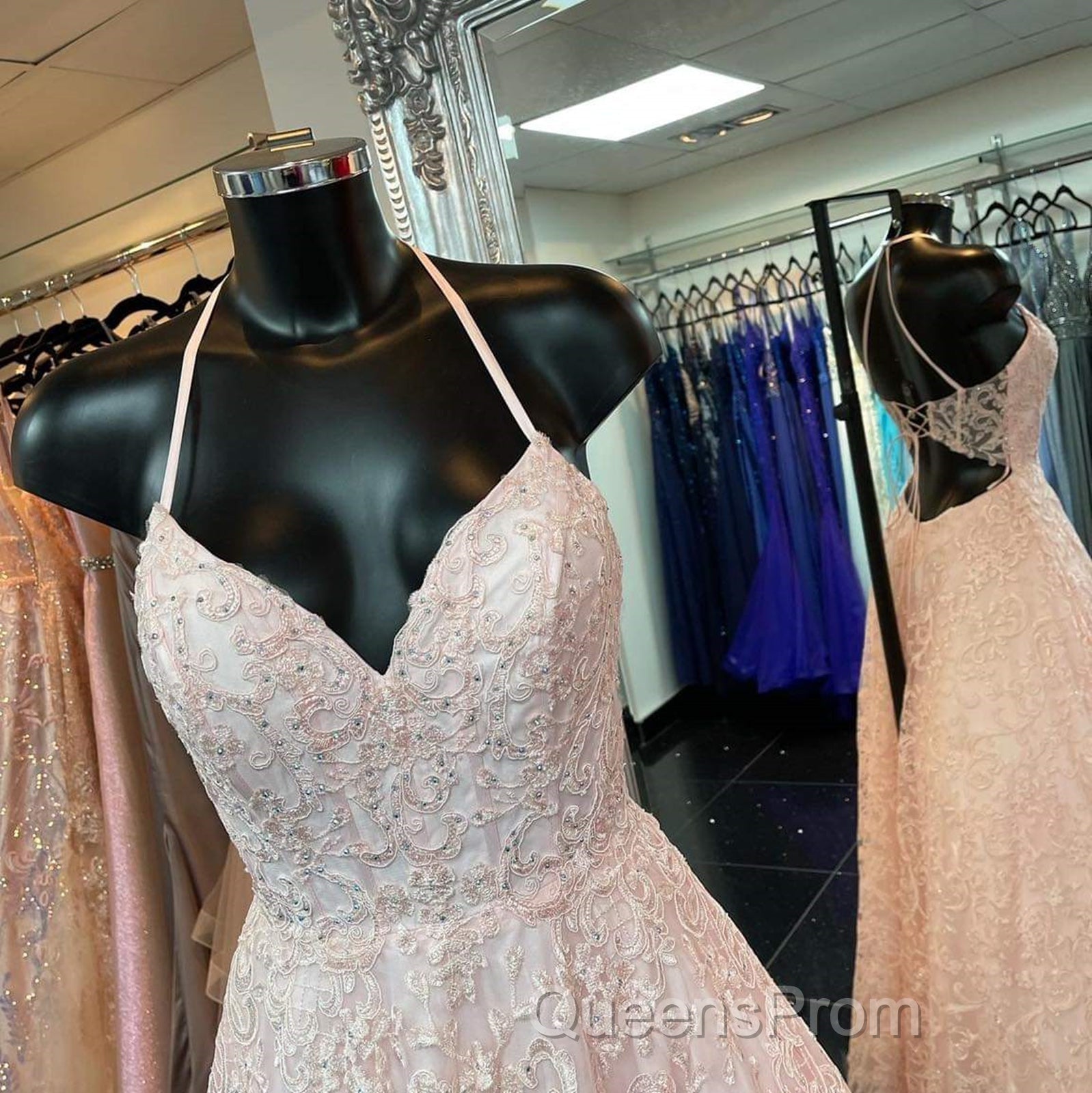 A Line V Neck Open Back Pink Lace Long Evening Prom Dress, Pink Lace Formal Graduation Evening Dress Secondary image