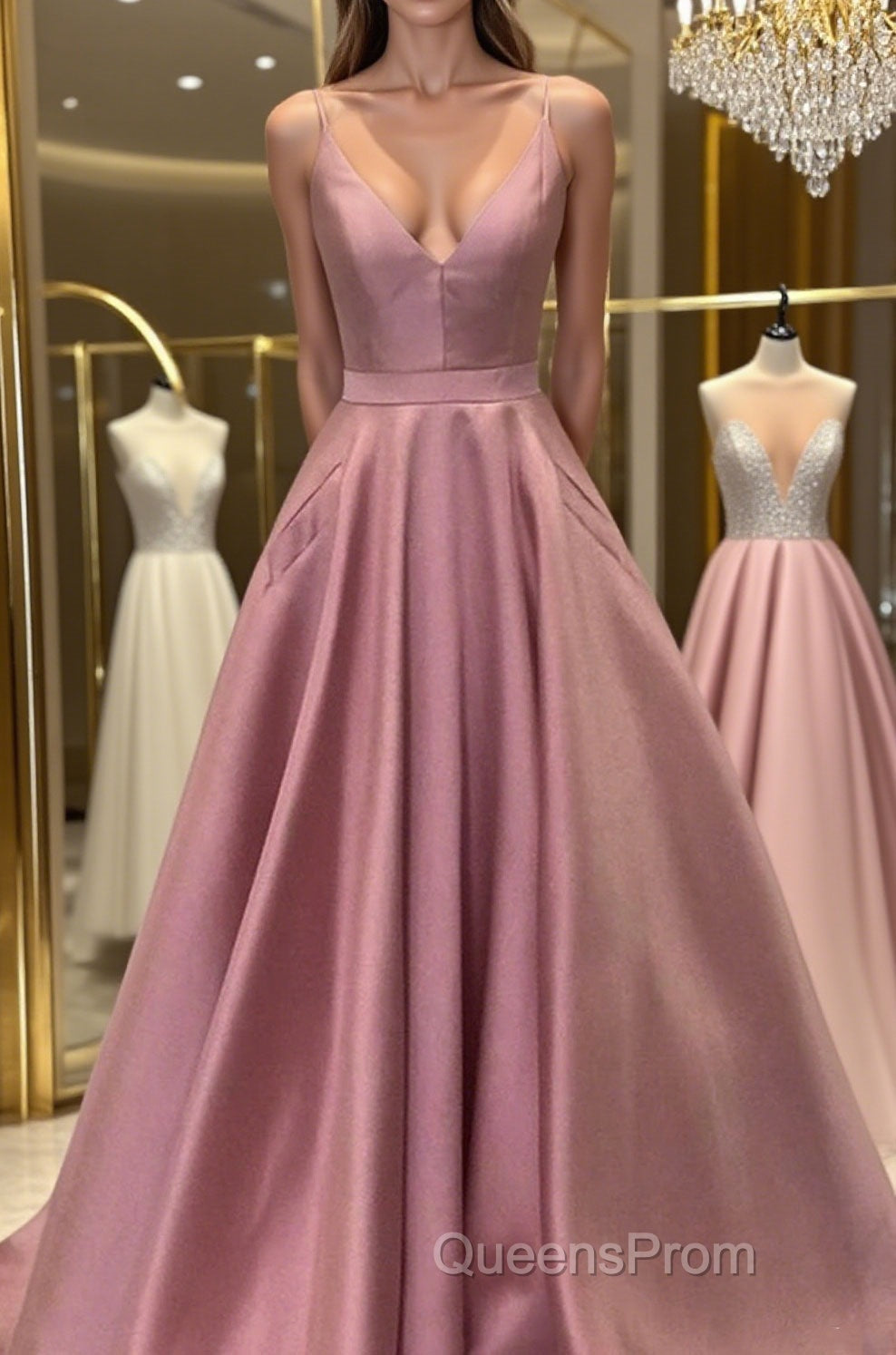 A Line V Neck Open Back Pink Satin Long Evening Prom Dress, Open Back Pink Formal Graduation Evening Dress Main image