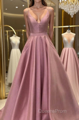 A Line V Neck Open Back Pink Satin Long Evening Prom Dress, Open Back Pink Formal Graduation Evening Dress